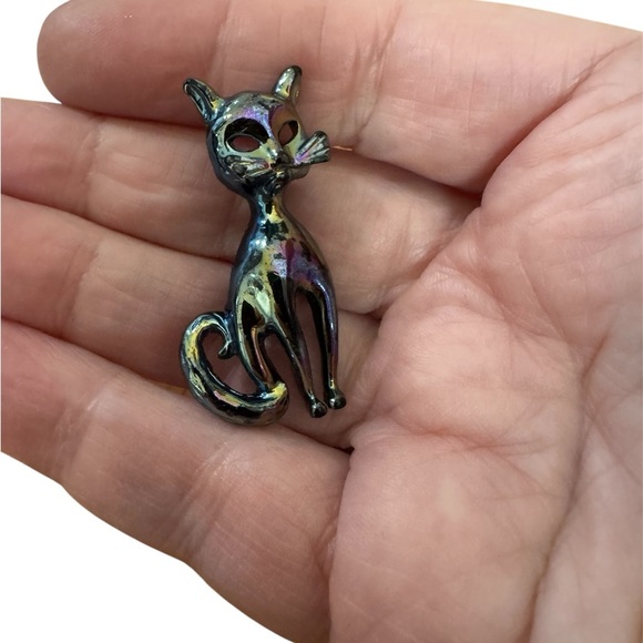 Vintage Iridescent Enamel Black Cat Brooch Pin Lapel Kitty - Picture 3 of 4